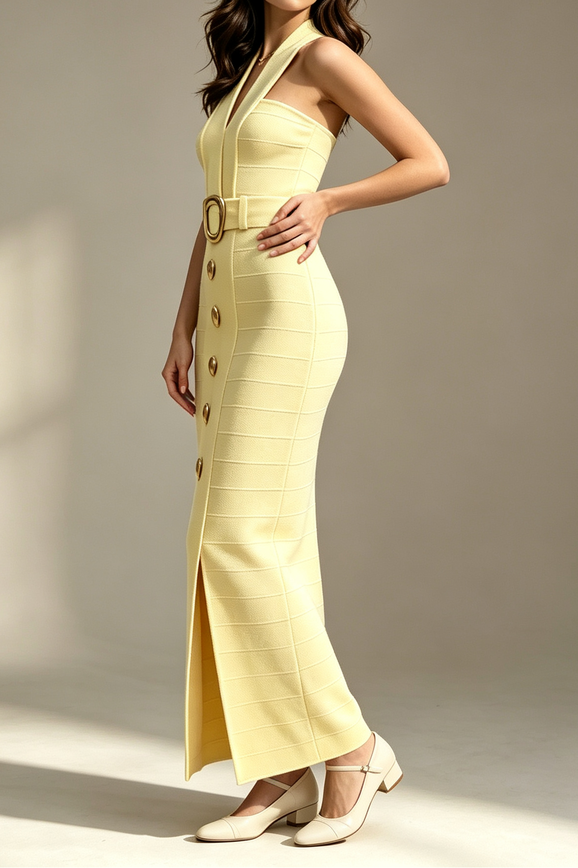 PALE YELLOW HALTER BANDAGE MIDI DRESS, DEEP V, SIDE SLIT