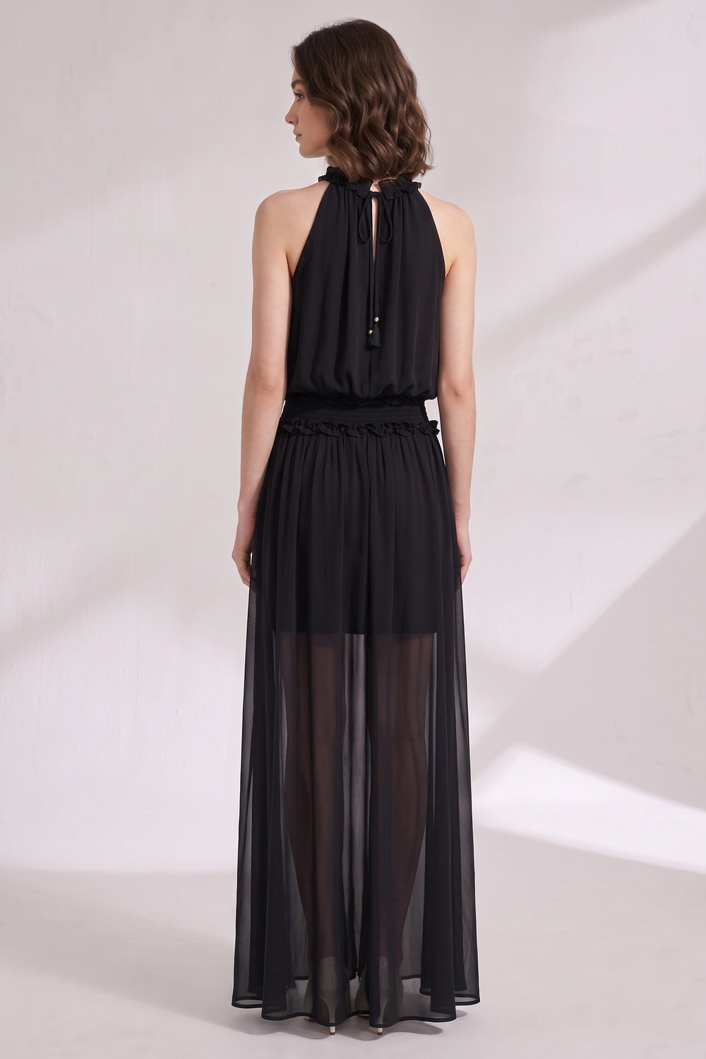 19af112cb9ff331f BLACK CHIFFON A-LINE BLOUSON MAXI DRESS