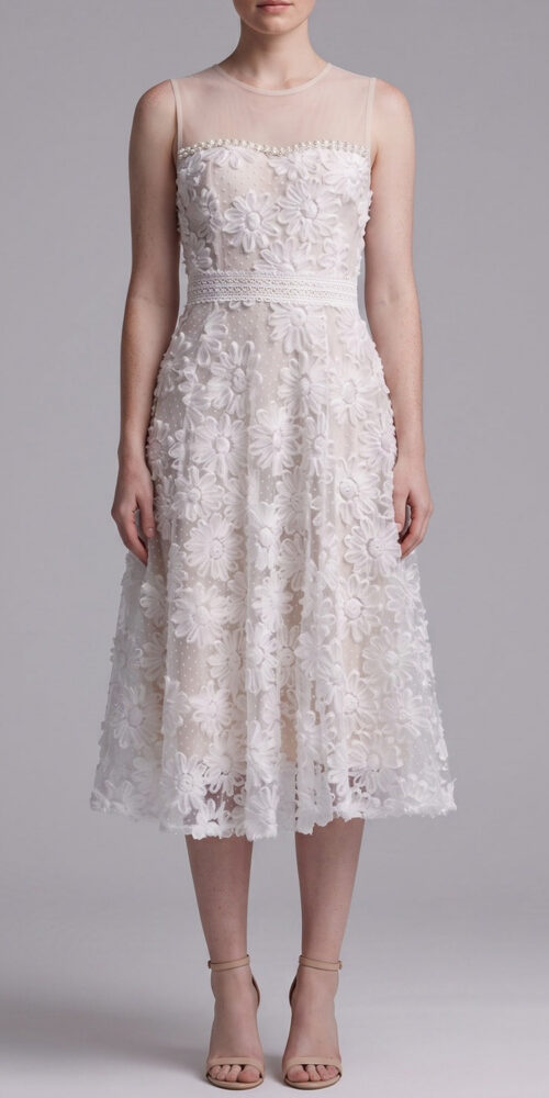 19f18c4f6191eef5 SHEER MESH MOCK NECK SLEEVELESS 3D FLORAL TULLE MIDI DRESS