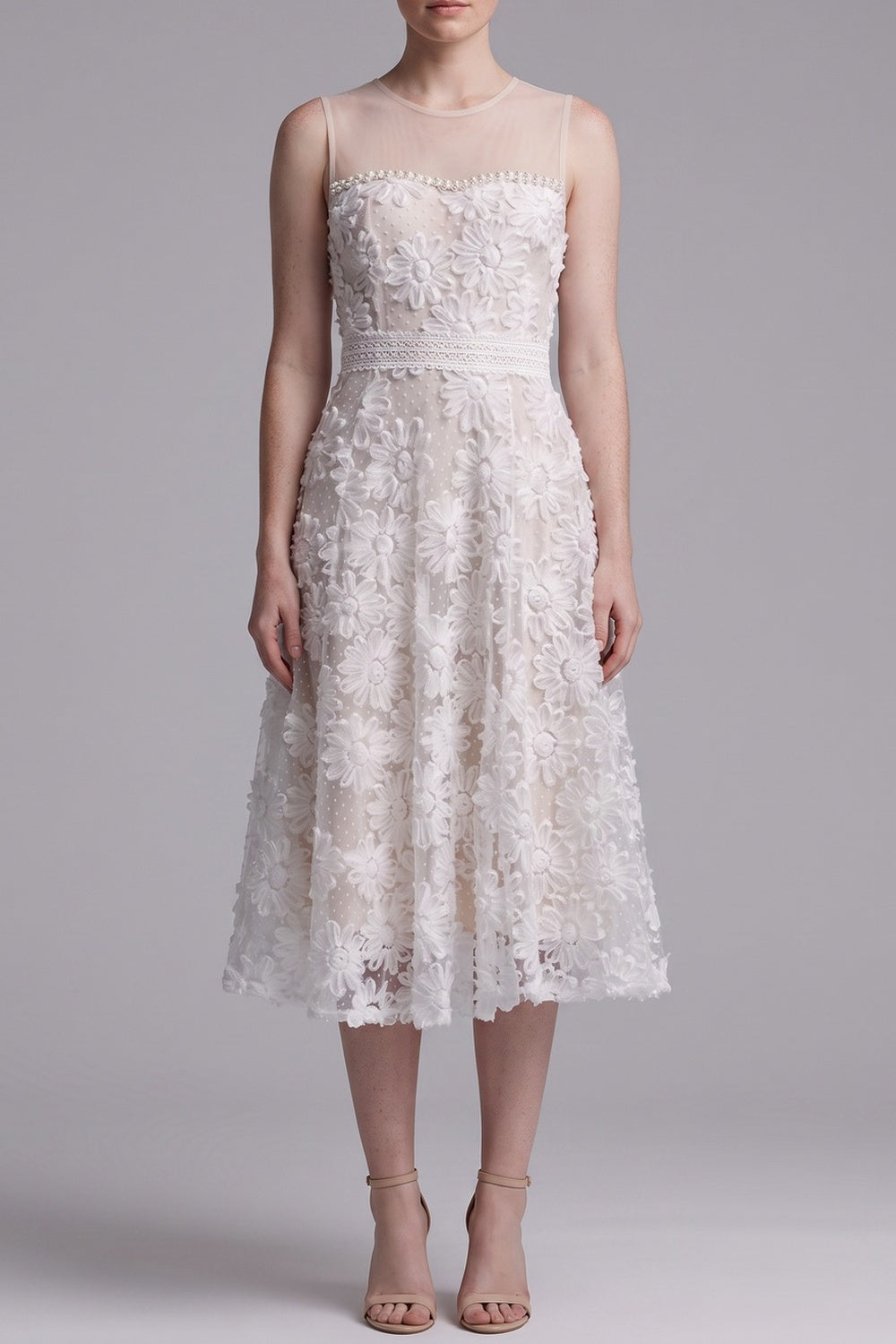 19f18c4f6191eef5 SHEER MESH MOCK NECK SLEEVELESS 3D FLORAL TULLE MIDI DRESS