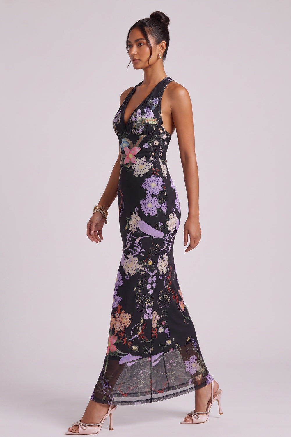 19f7be27c8596662 BLACK SHEER FLORAL PRINT FITTED COLUMN MAXI DRESS