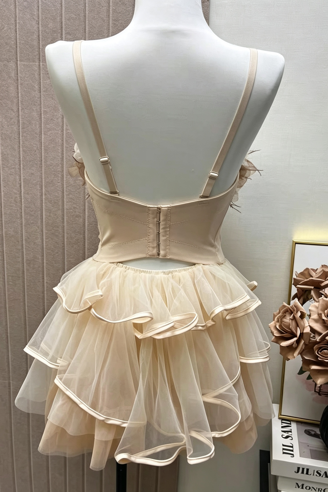 NUDE SPAGHETTI STRAP 3D FLORAL CORSET TOP & TIERED SATIN TRIM TULLE MINI SKIRT SET