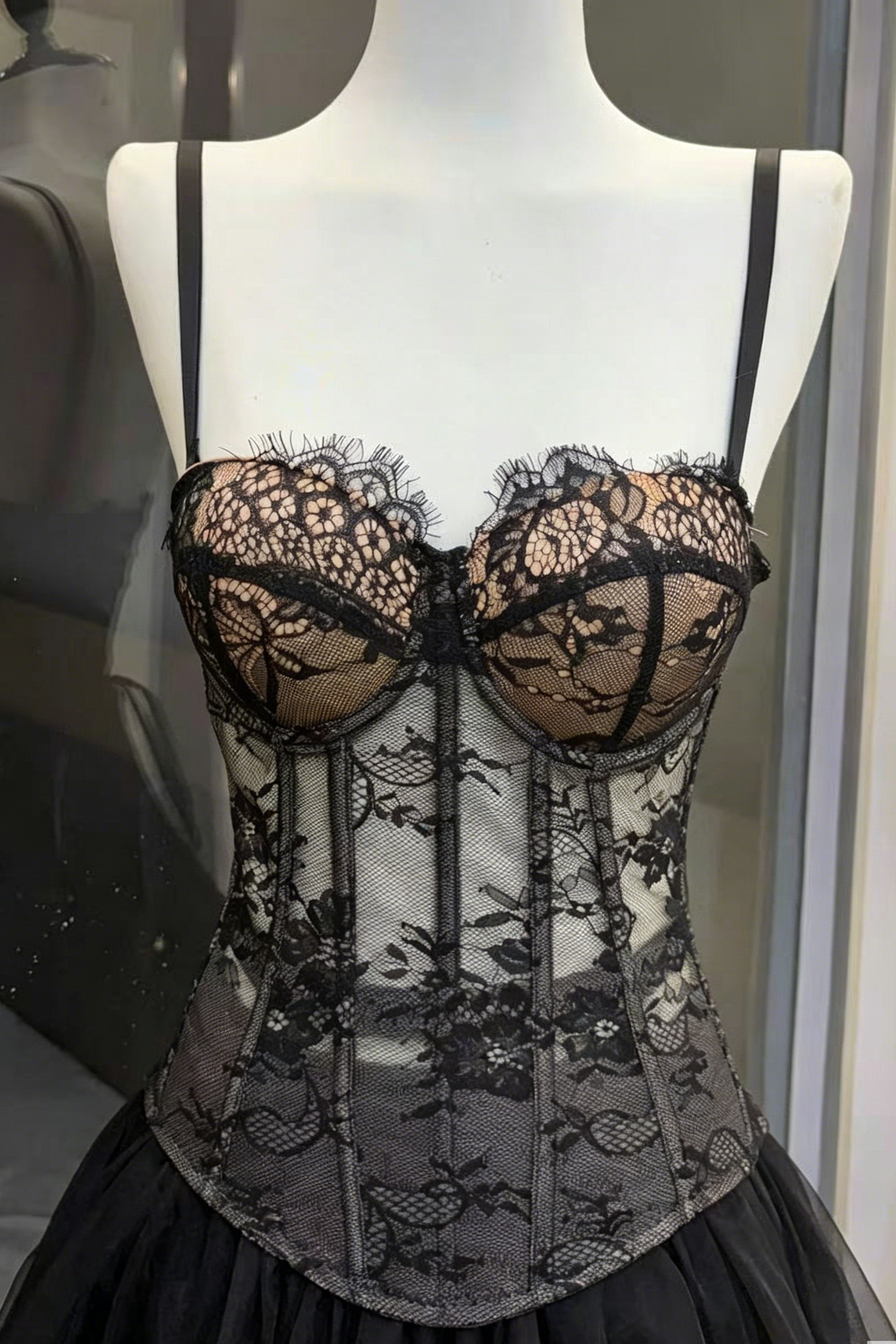 BLACK LACE CORSET TOP & TULLE FLARED MINI SKIRT SET