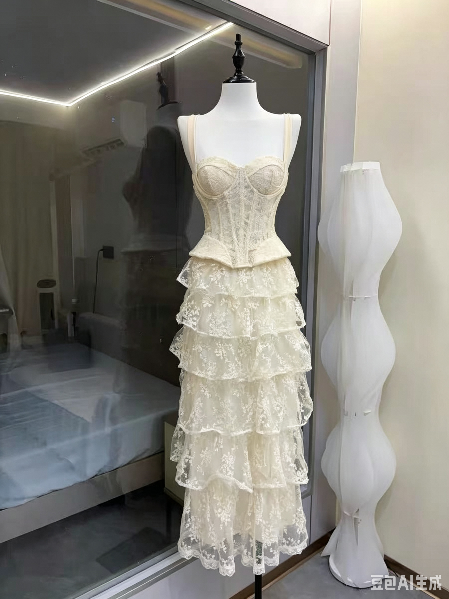 1_1_20 IVORY LACE CORSET PEPLUM TOP & HIGH LOW SKIRT SET