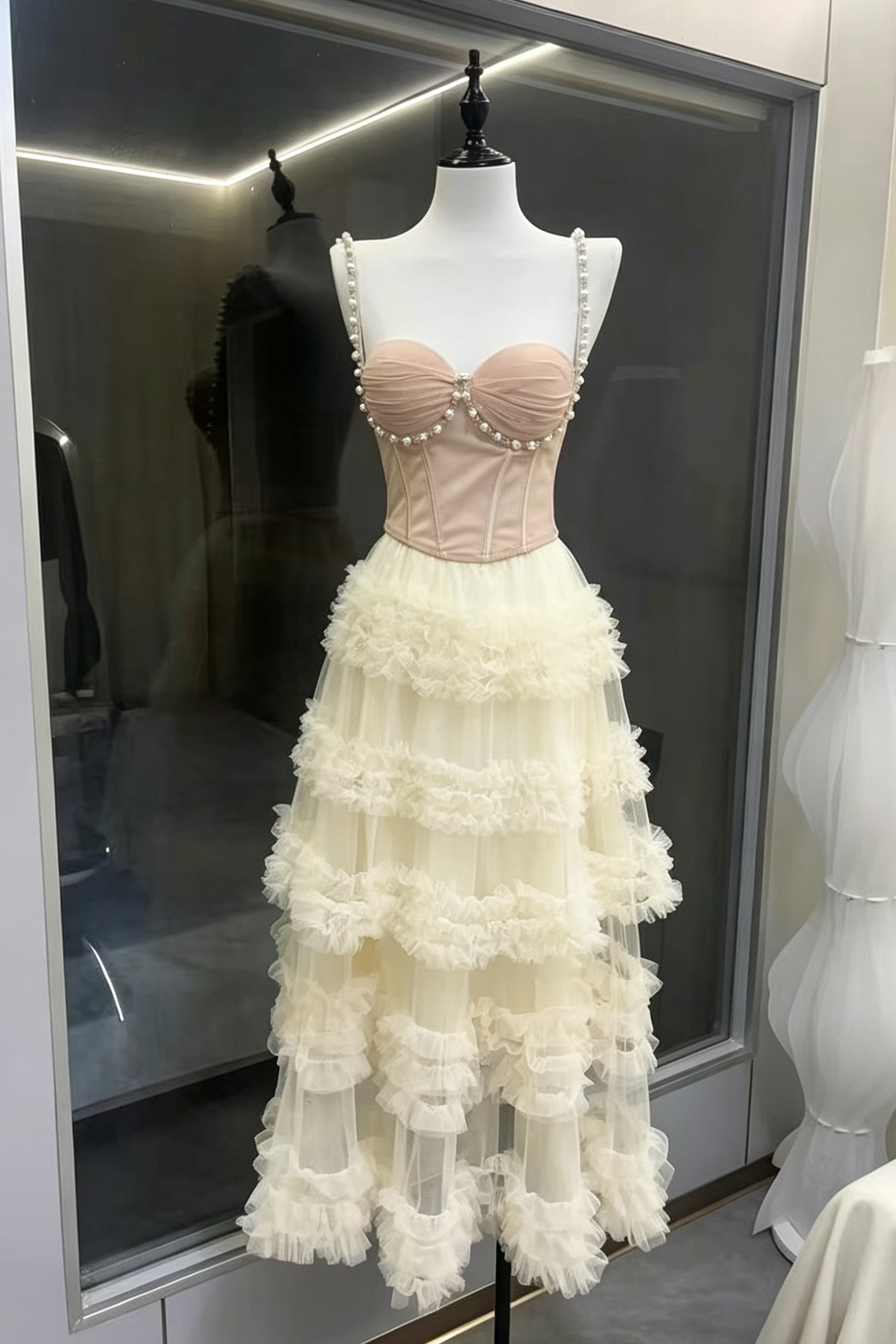 1_1_21_20c45d43-d501-4fc3-9fa4-868f8a5af060 NUDE PEARL SWEETHEART CORSET TOP & RUFFLE HIGH LOW TULLE SKIRT SET