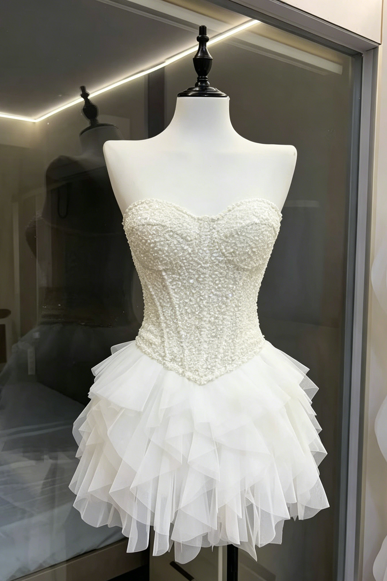 BEADED STRAPLESS CORSET & RUFFLE TULLE MINI SKIRT TWO-PIECE SET