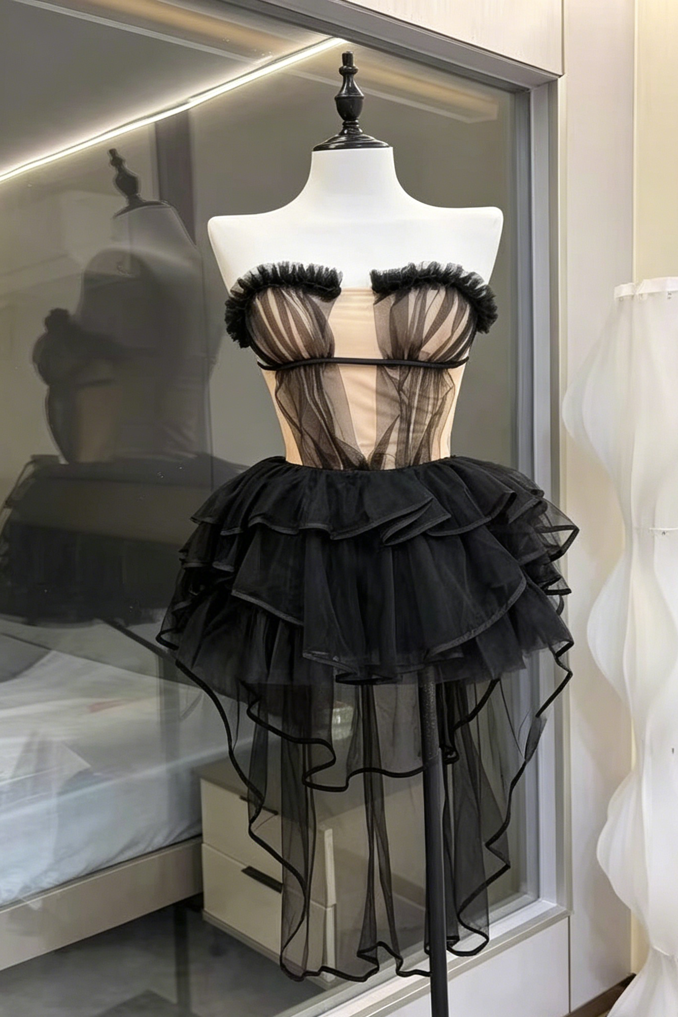 1_1_7_40105b12-924d-4fe9-9b1b-7ecf7b958009 BLACK STRAPLESS RUFFLE MESH CORSET TOP & HIGH LOW TULLE SKIRT SET