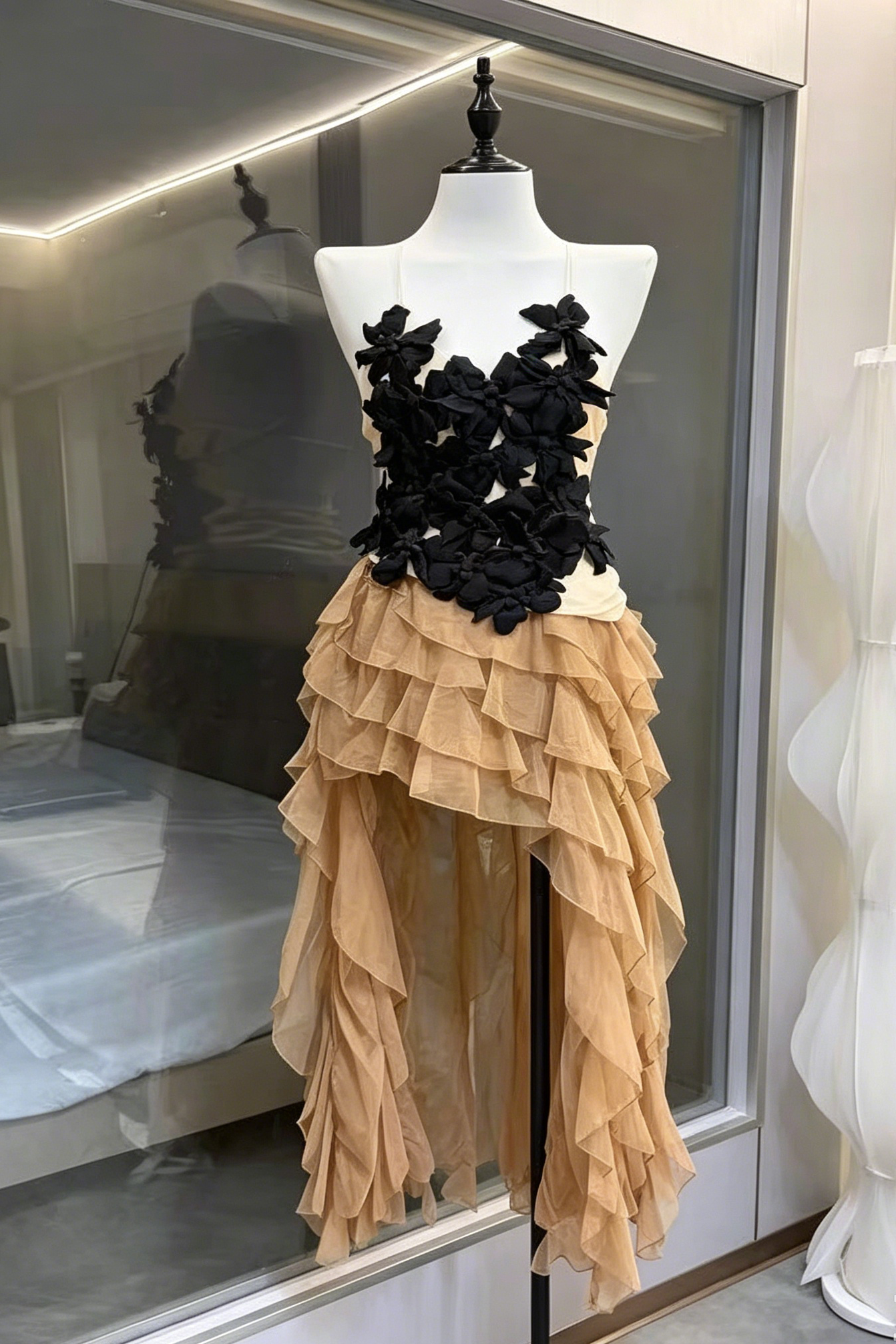NUDE SHEER STRAP BLACK 3D FLORAL CORSET TOP & HIGH LOW RUFFLE TULLE SKIRT SET