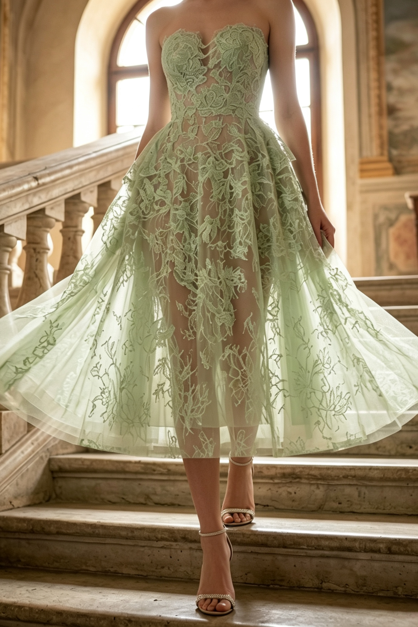 MINT BEADED LACE MIDI DRESS FOR WEDDING GUEST