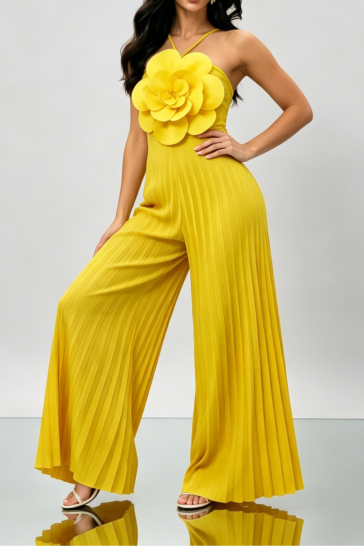 1_1fcd374a-ac91-45d1-a3eb-9e7d6c1a832a BRIGHT YELLOW 3D FLORAL HALTER WIDE LEG JUMPSUIT