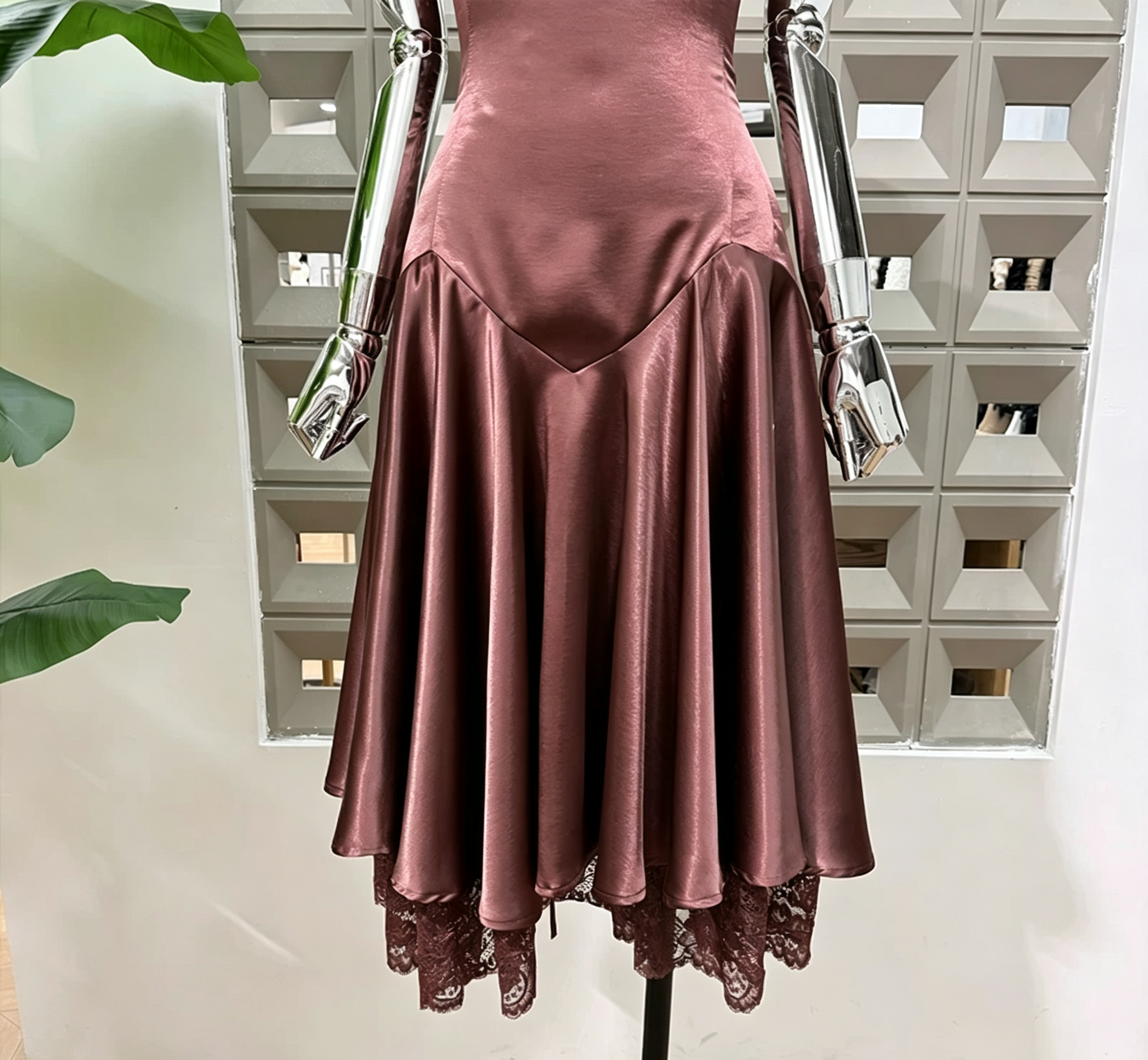 1_21bec190-6800-450e-9f00-9135f473fa26 CHOCOLATE SATIN LACE HEM MIDI DRESS, SPAGHETTI STRAP