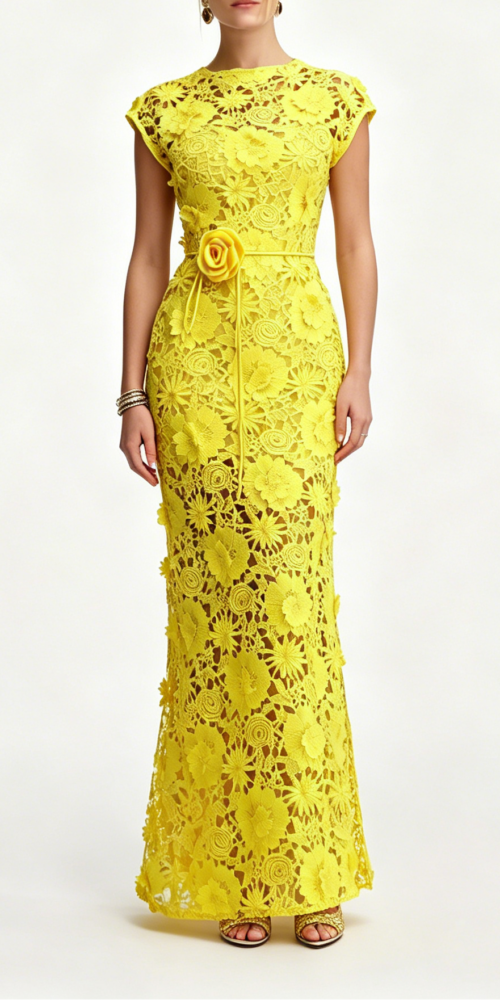 1_2_4_edfd0cfa-dc91-40e0-bccb-6c5672731fb9 BRIGHT YELLOW 3D FLORAL LACE MERMAID BELTED MAXI DRESS