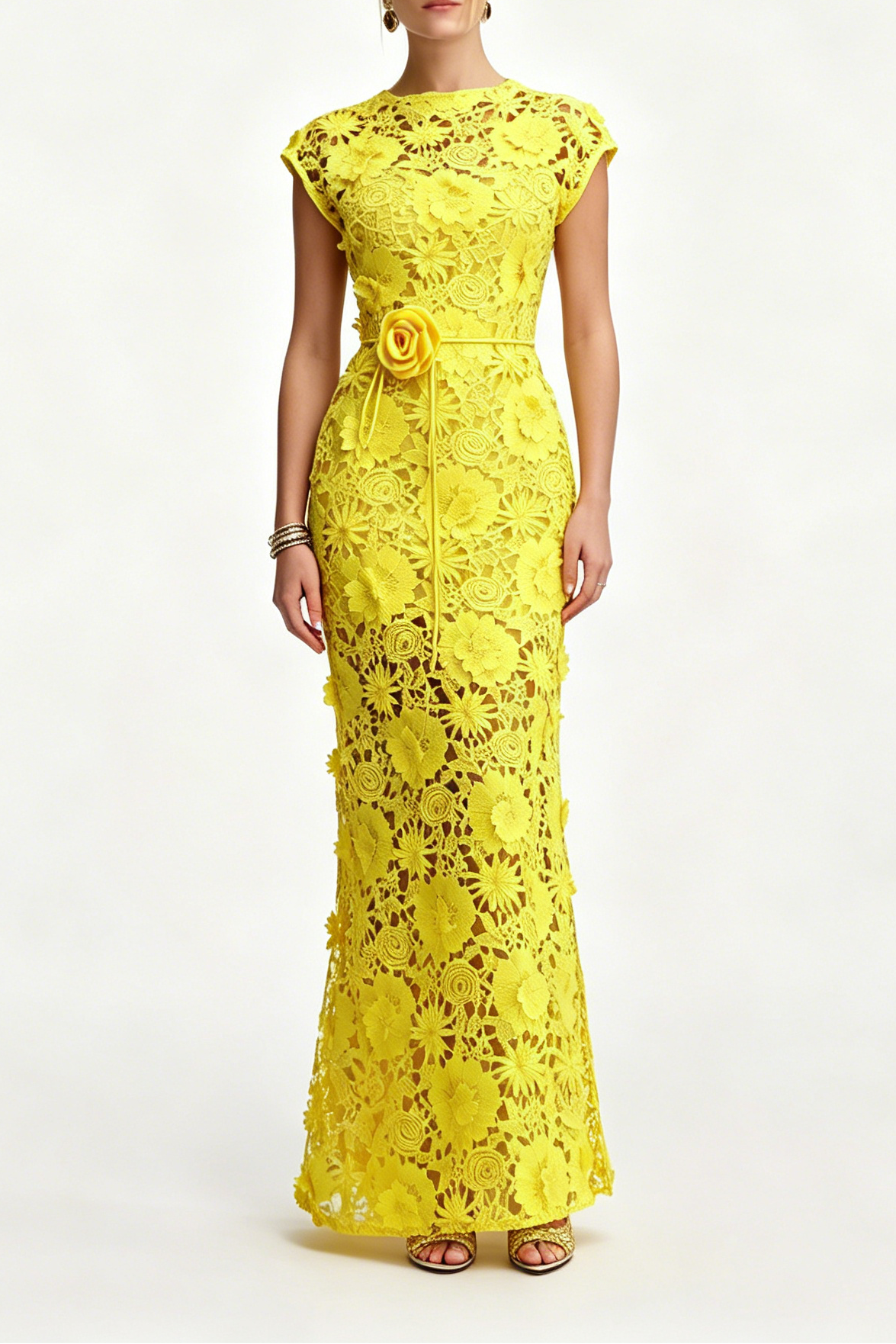 1_2_4_edfd0cfa-dc91-40e0-bccb-6c5672731fb9 BRIGHT YELLOW 3D FLORAL LACE MERMAID BELTED MAXI DRESS
