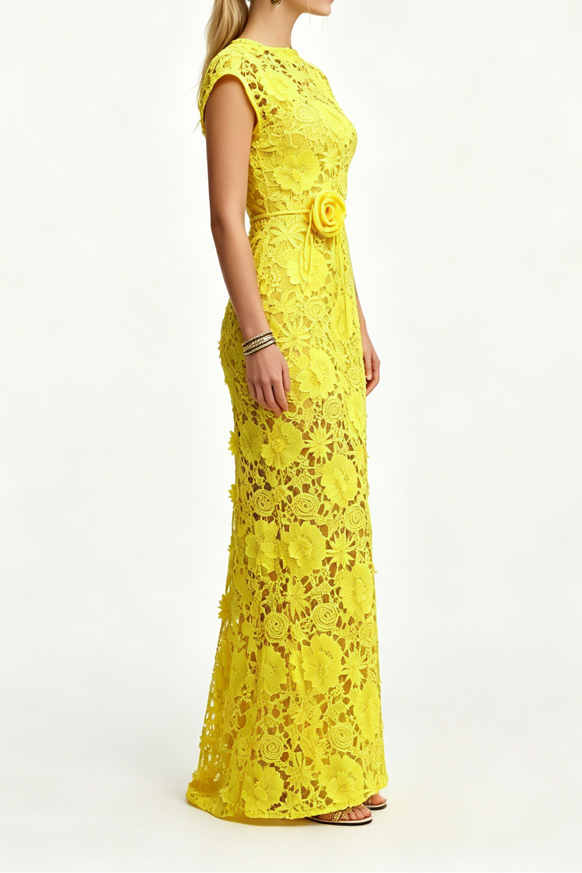 1_2_5 BRIGHT YELLOW 3D FLORAL LACE MERMAID BELTED MAXI DRESS