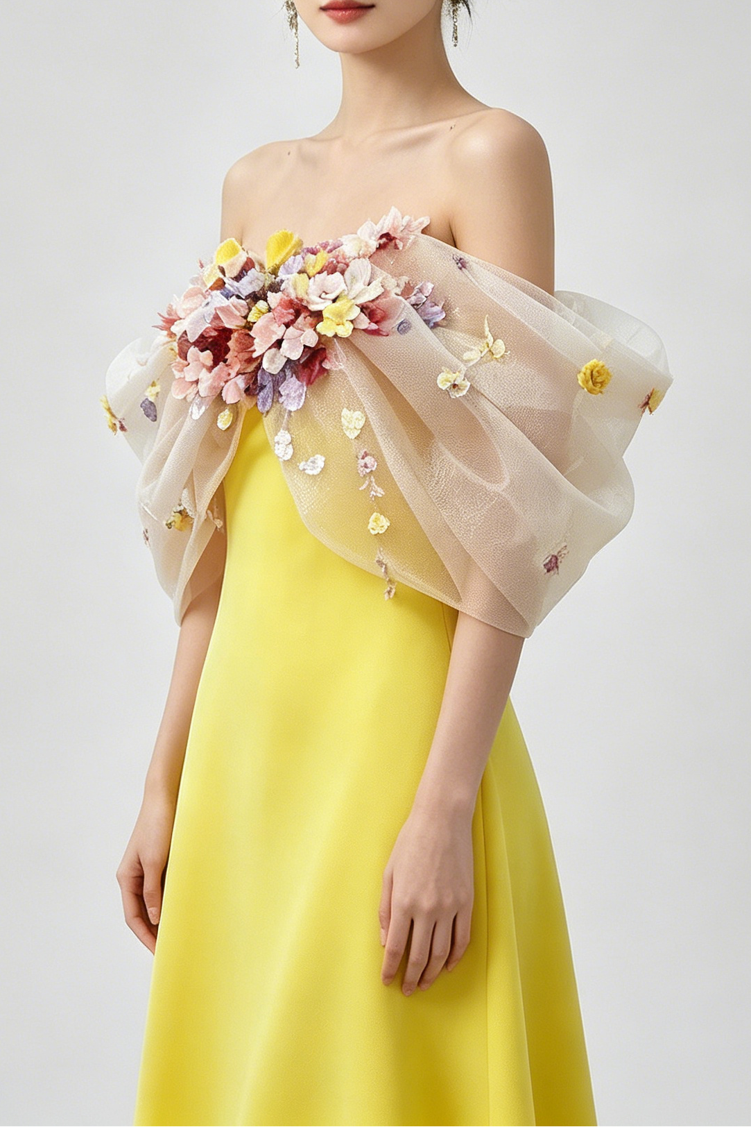 1_3e7310a6-33a5-40c5-a4bf-beb3d7ffc0eb BRIGHT YELLOW SATIN STRAPLESS MAXI GOWN WITH 3D COLORFUL FLORAL TULLE BUST
