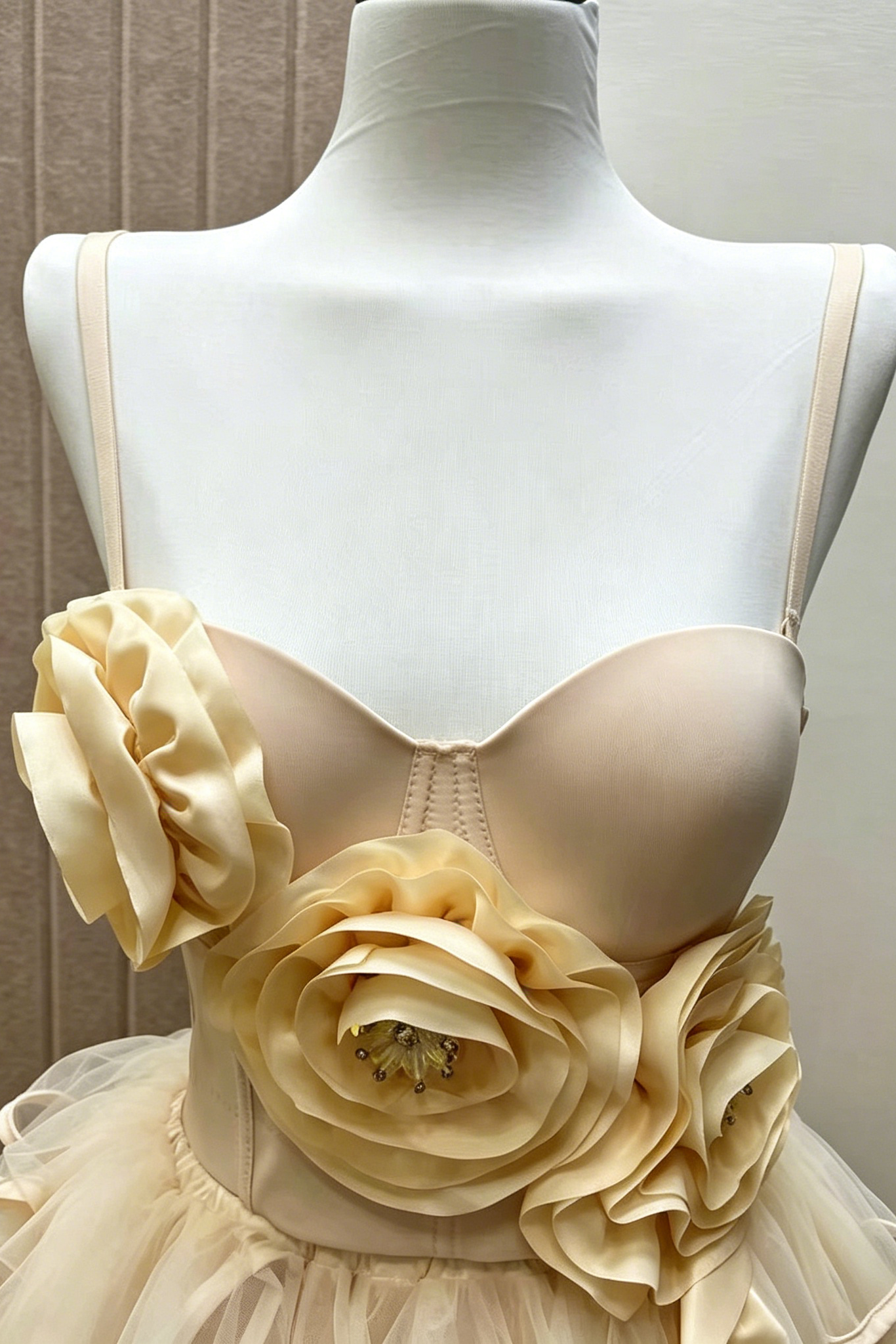 1_4e84f2a7-e8b1-4af0-a103-b2288de1531b CHAMPAGNE STRAPLESS 3D FLORAL CORSET TOP & HIGH LOW RUFFLE TULLE SKIRT SET