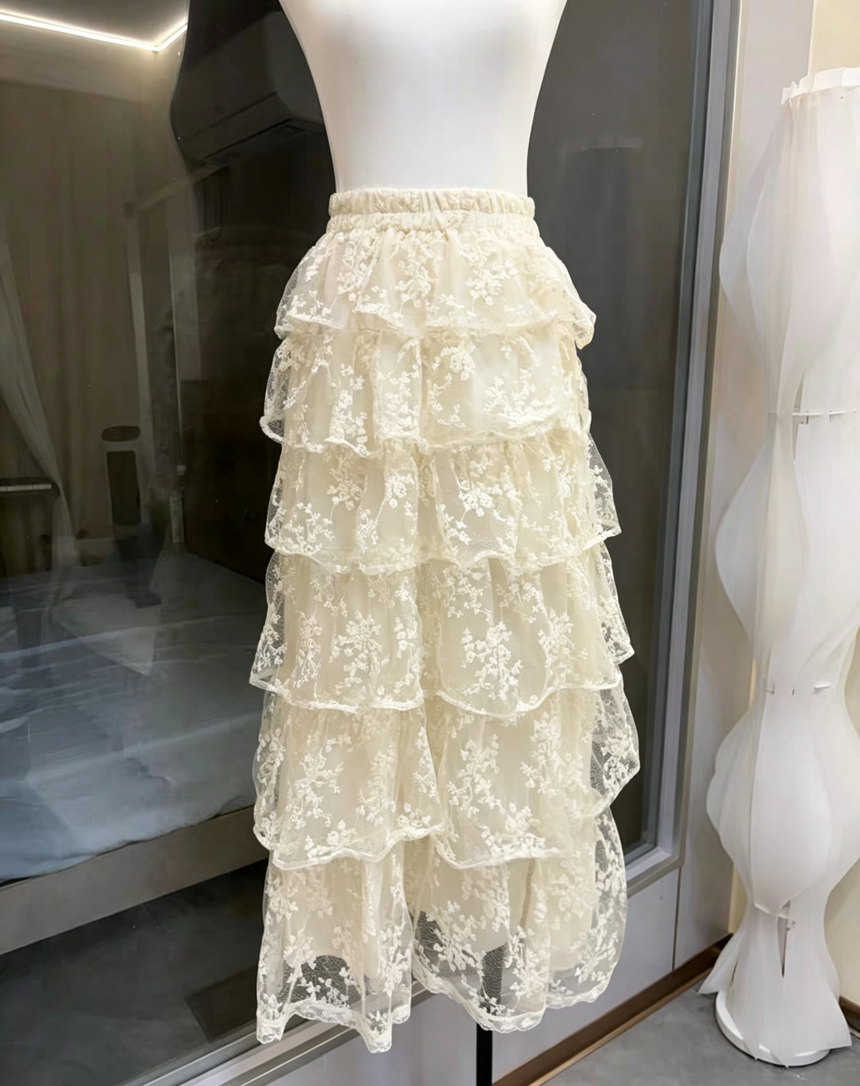 1_5c47de3a-430a-4aa7-9769-526c49fd89b0 IVORY LACE CORSET PEPLUM TOP & HIGH LOW SKIRT SET