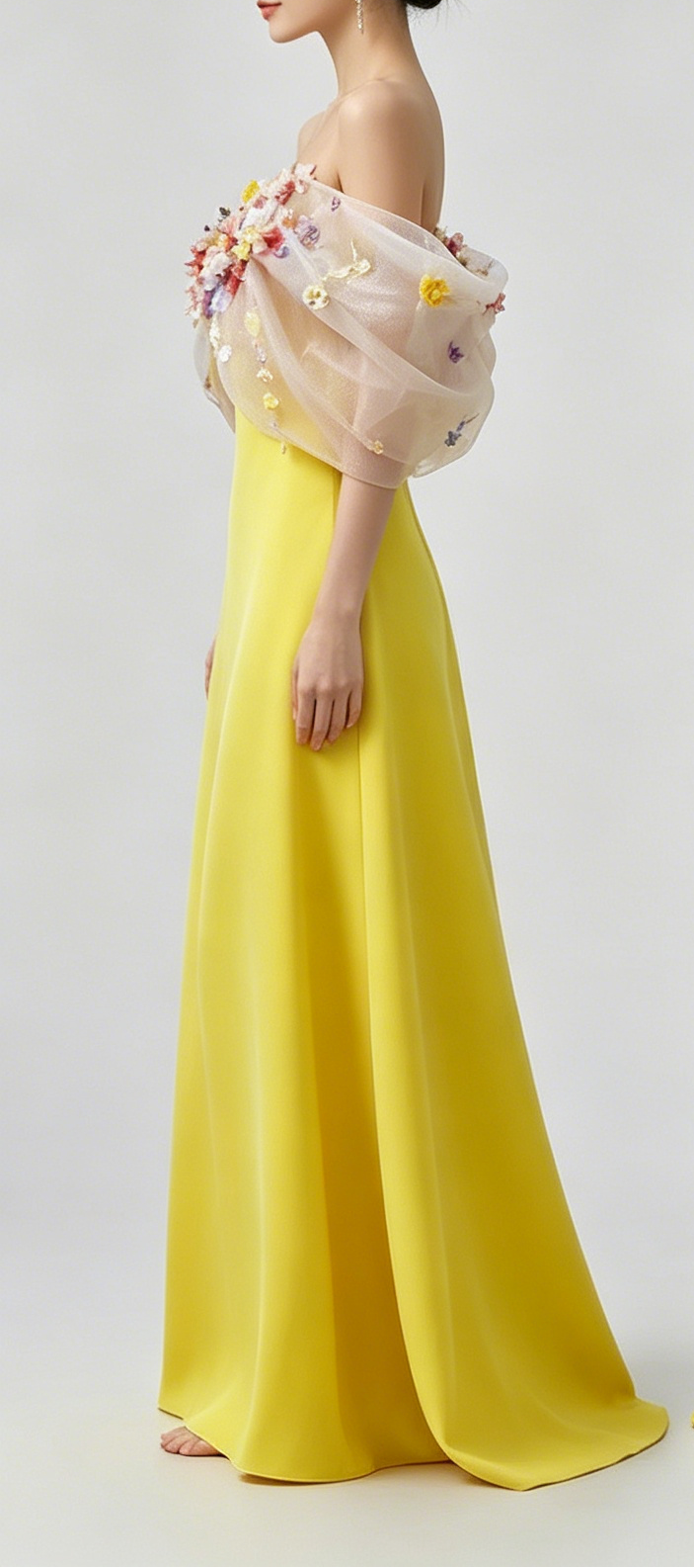 1_726eeab4-a062-45f9-9a31-99ea2c160838 BRIGHT YELLOW SATIN STRAPLESS MAXI GOWN WITH 3D COLORFUL FLORAL TULLE BUST