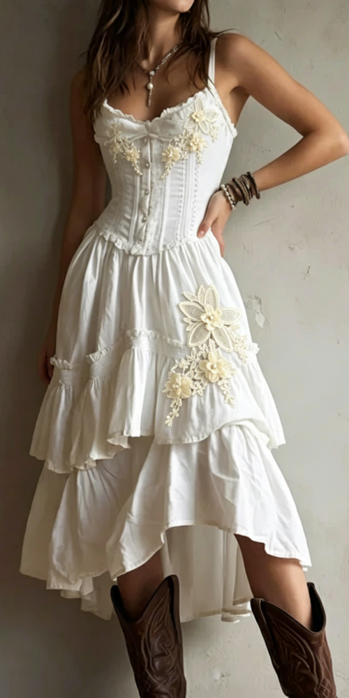 CORSET LACE TRIM TIERED MIDI DRESS