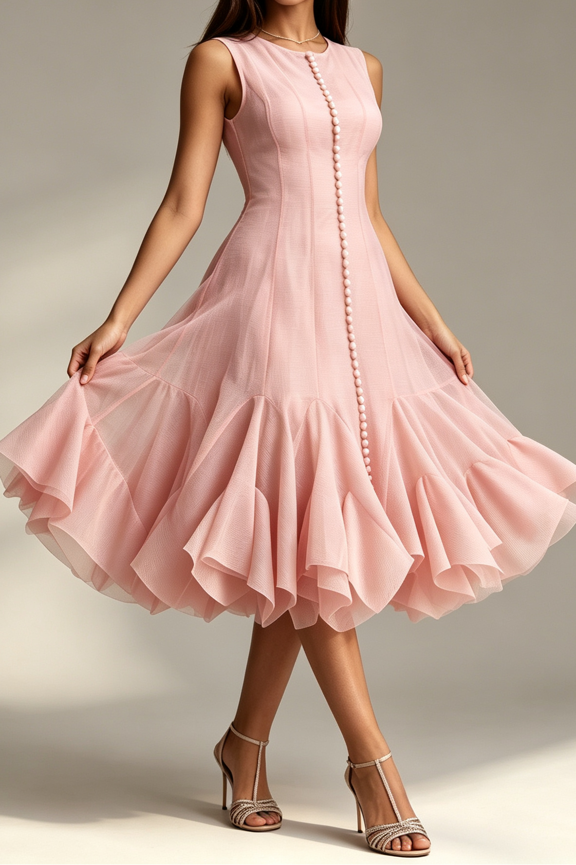 1_9de8e903-2a6f-43d2-a383-794ba9fe6422 BLUSH PINK SLEEVELESS CREW NECK MIDI DRESS WITH BUTTON FRONT & RUFFLE HEM