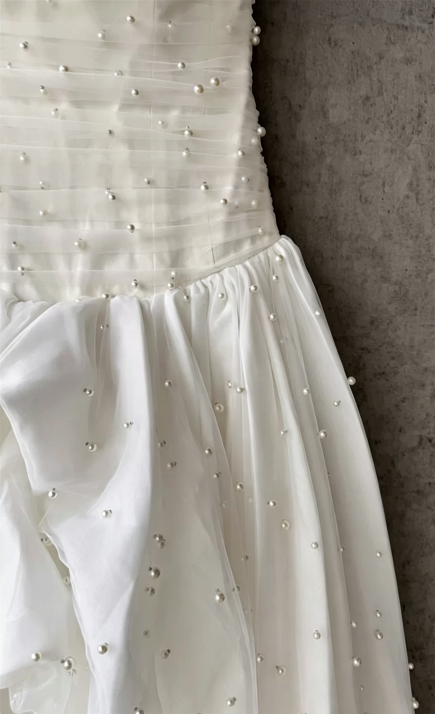 1_de7dae96-541c-426d-a165-6e4f854f1809 WHITE STRAPLESS RUCHED PEARL CHIFFON HIGH SLIT MAXI GOWN
