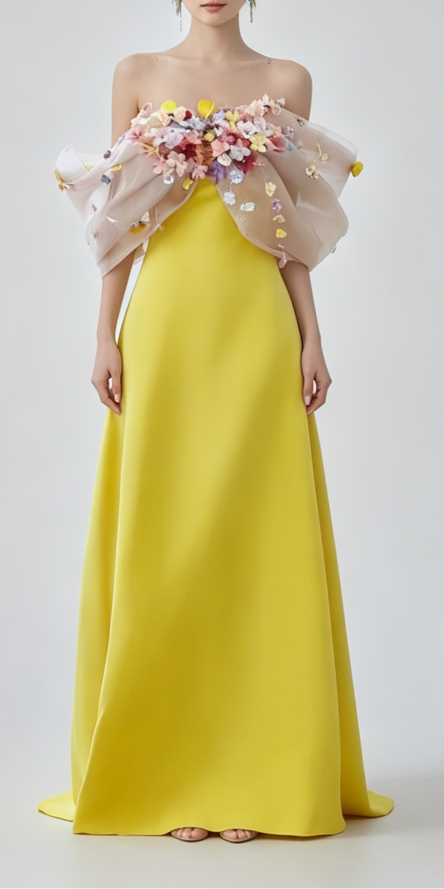 1_fd8eb10d-b66b-45ca-ae15-862ec2ff0fce BRIGHT YELLOW SATIN STRAPLESS MAXI GOWN WITH 3D COLORFUL FLORAL TULLE BUST