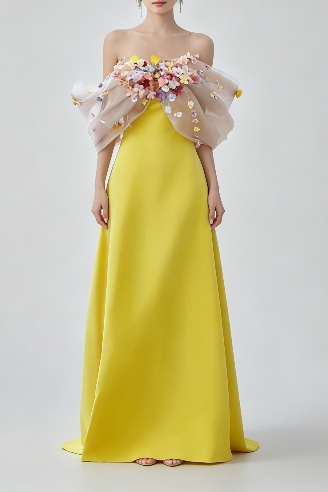 1_fd8eb10d-b66b-45ca-ae15-862ec2ff0fce BRIGHT YELLOW SATIN STRAPLESS MAXI GOWN WITH 3D COLORFUL FLORAL TULLE BUST