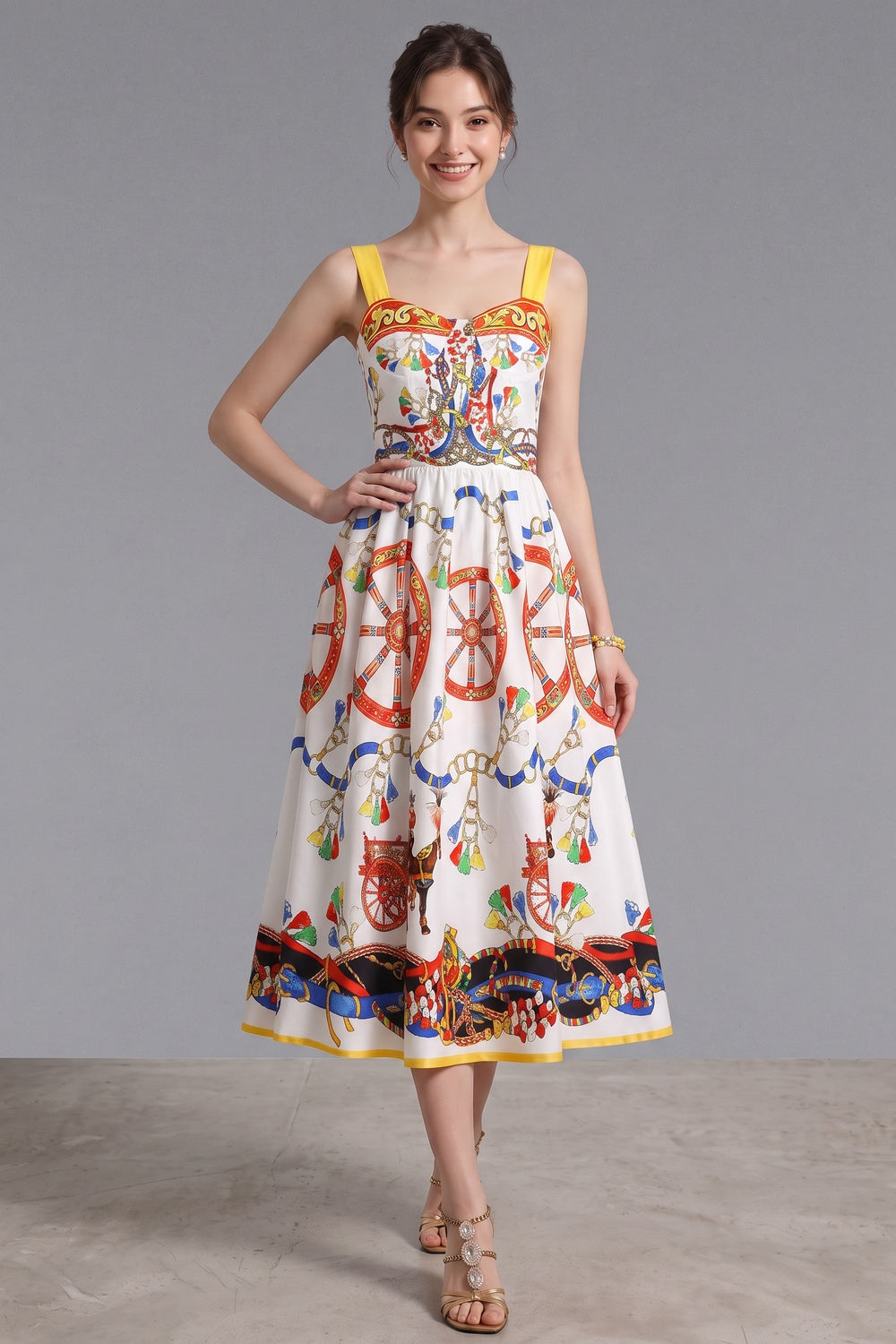 1a6cf2b935a4dc7e WHITE CARRETTO PRINT FIT-AND-FLARE MIDI DRESS