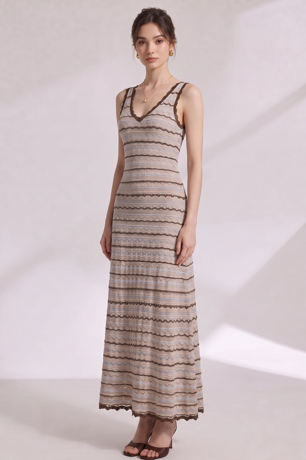 1a93637fc659dd28 BEIGE CROCHET KNIT A-LINE MAXI DRESS