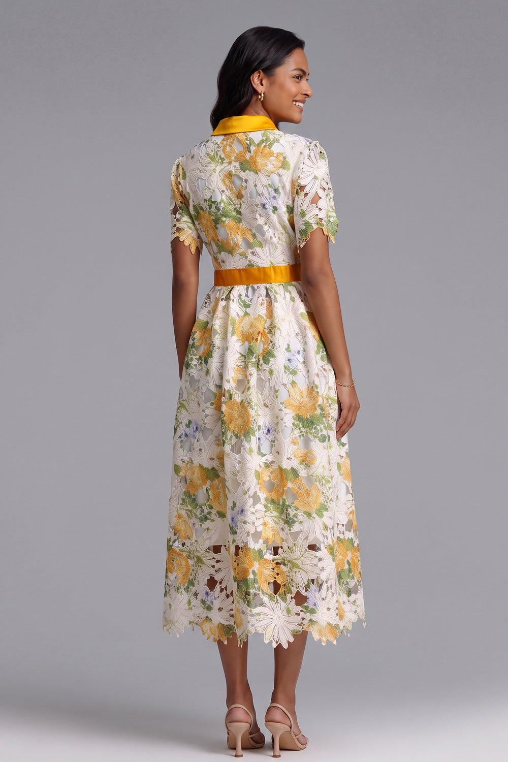 WHITE LACE A-LINE MIDI DRESS YELLOW SATIN ACCENTS WEDDING GUEST