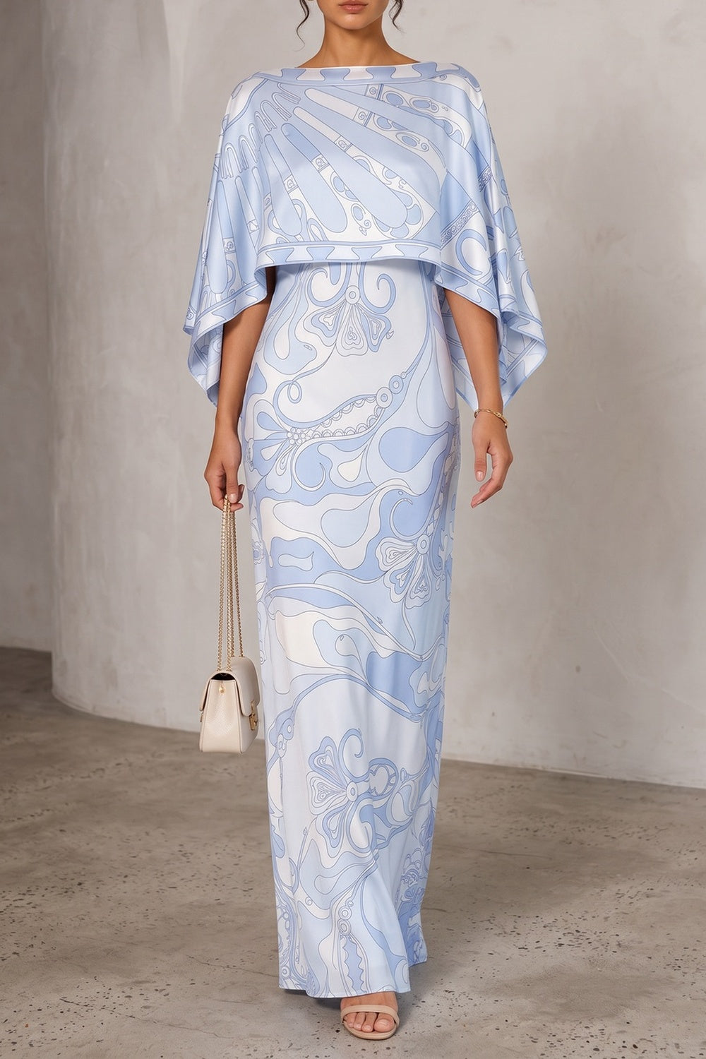 1aa87ba695f33f02 PRINTED CAPE SATIN MAXI DRESS FOR EVENING