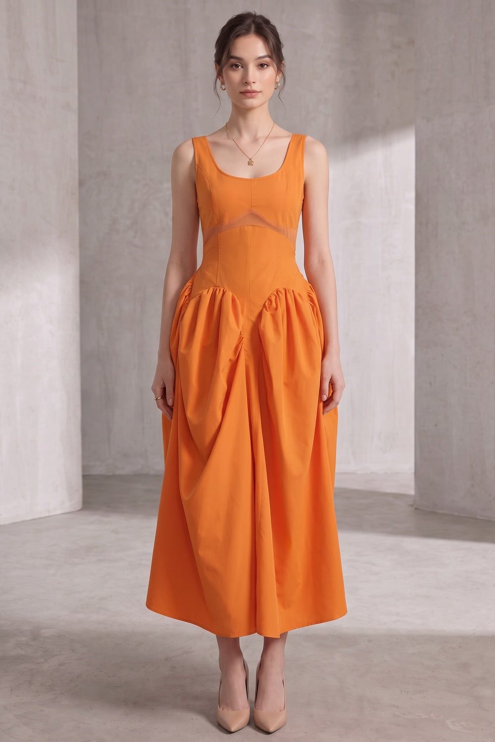 1ab1e318a9bf5bec BRIGHT ORANGE FIT-AND-FLARE MIDI DRESS