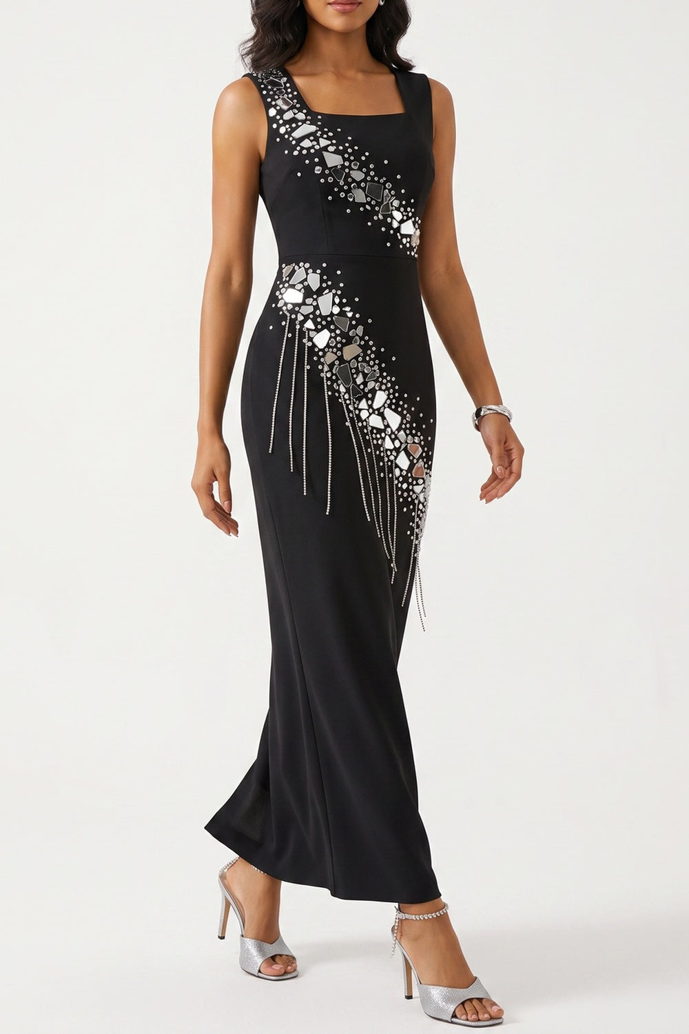 1b1e6d7ac9a323e9 SLEEVELESS SQUARE NECK RHINESTONE FRINGE BODYCON MIDI DRESS