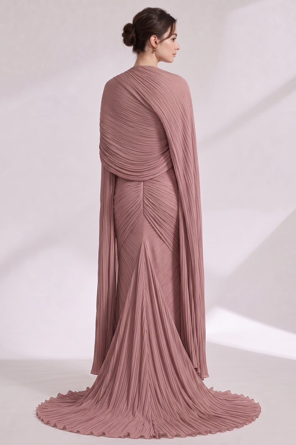1b423b62bbe6ca4f DUSTY ROSE PLISSÉ STRAPLESS CAPE GOWN W/ TRAIN