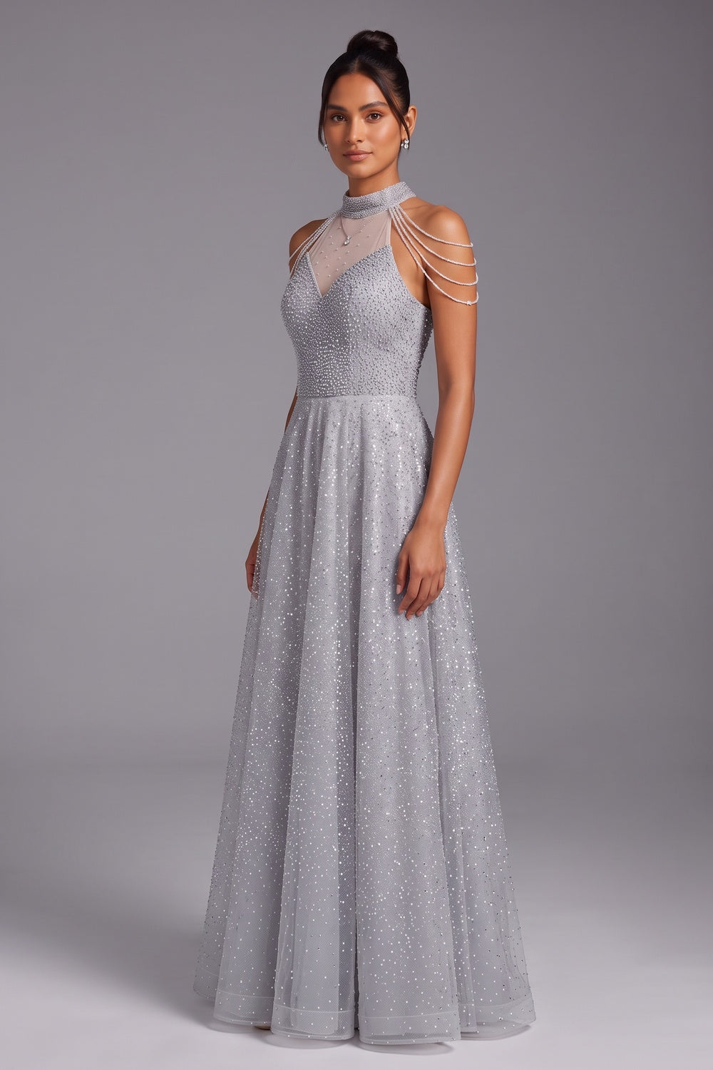 1b5345bb306b1984 SILVER TULLE A-LINE BALL GOWN FOR EVENING