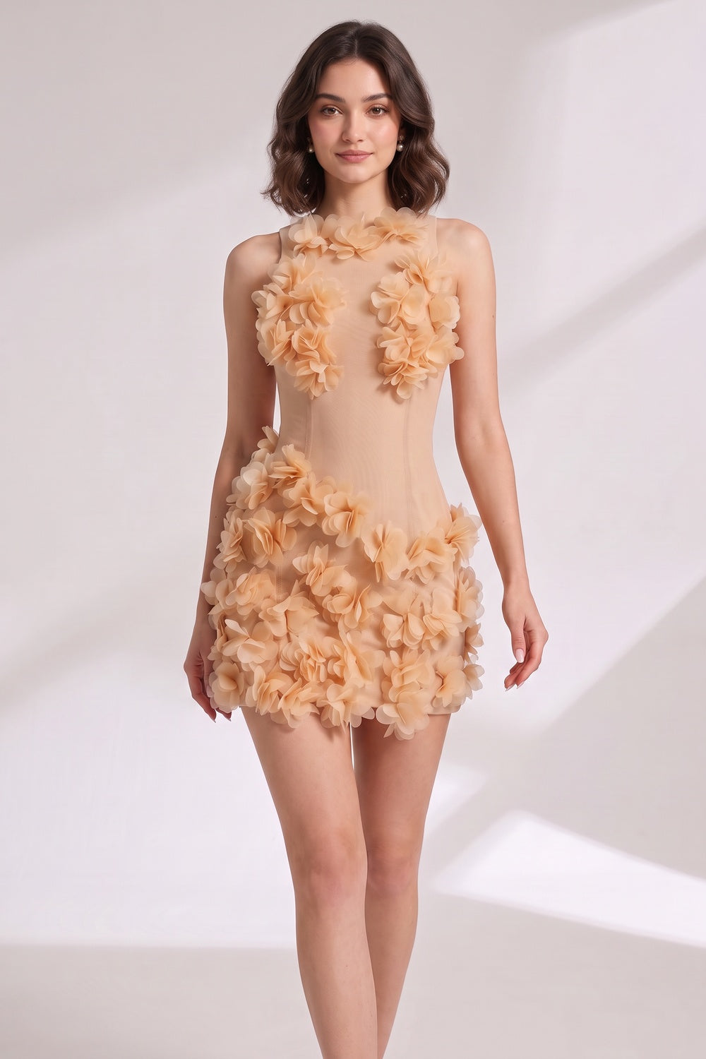 1b74eafcc1b8339a BEIGE SHEER MESH BODYCON MINI DRESS 3D FLORAL PETALS