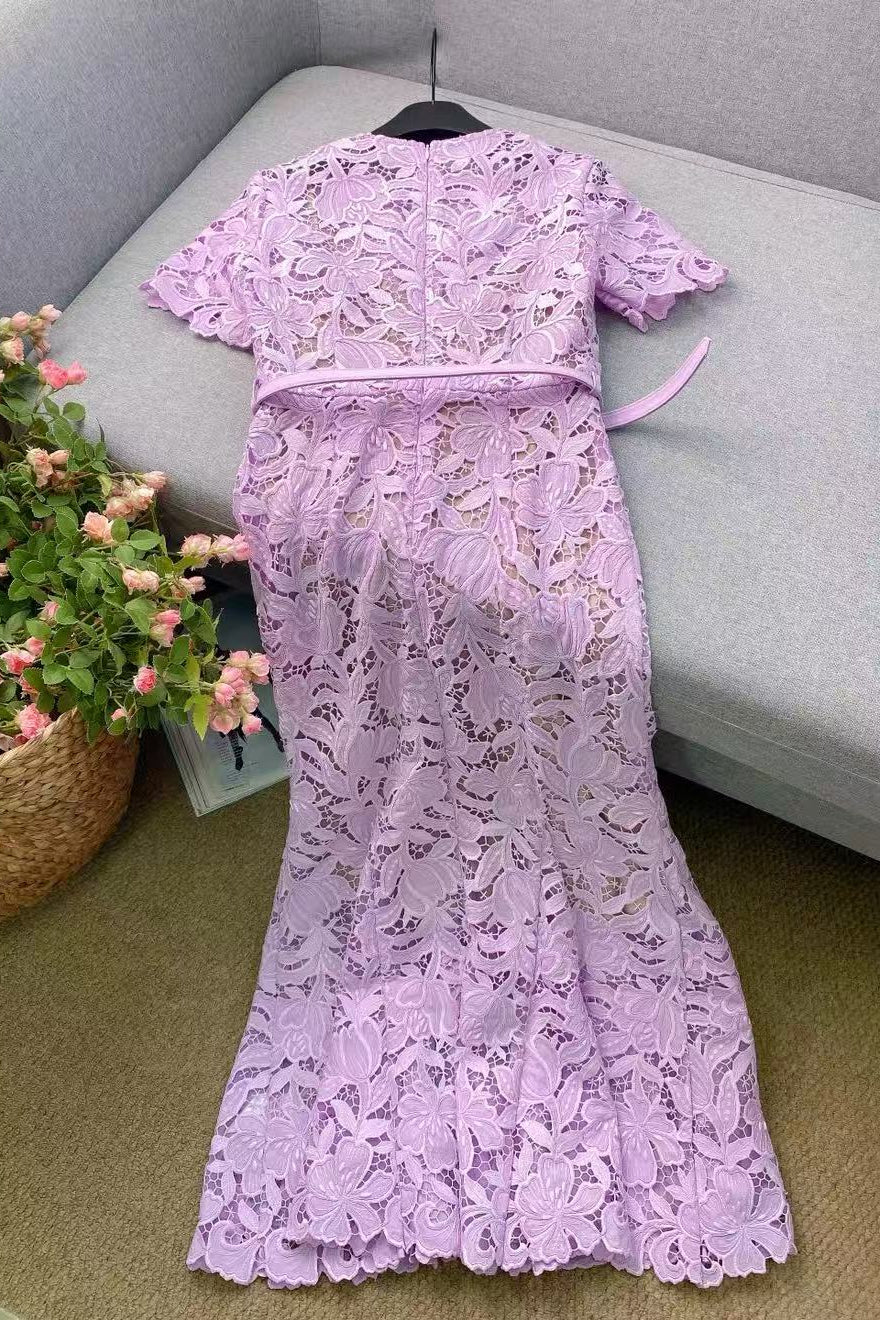 LILAC LACE MIDI DRESS | SHORT SLEEVE FLORAL WEDDING GUEST