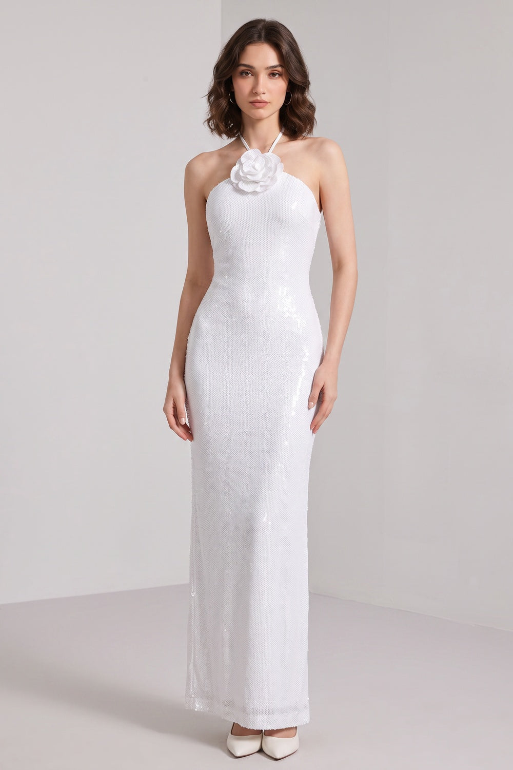 WHITE SEQUIN MESH COLUMN DRESS FLOWER EMBELLISHMENT