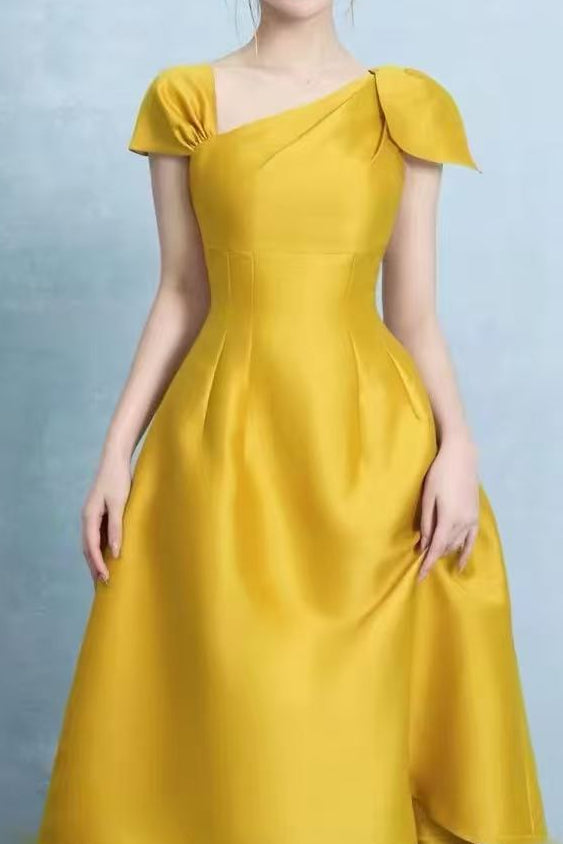 1c1630973a6a2a04fa989c560e025e37 YELLOW ASYMMETRICAL BOW SATIN MIDI PARTY DRESS
