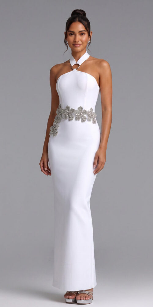 SILVER FLORAL WHITE CREPE COLUMN GOWN - EVENING