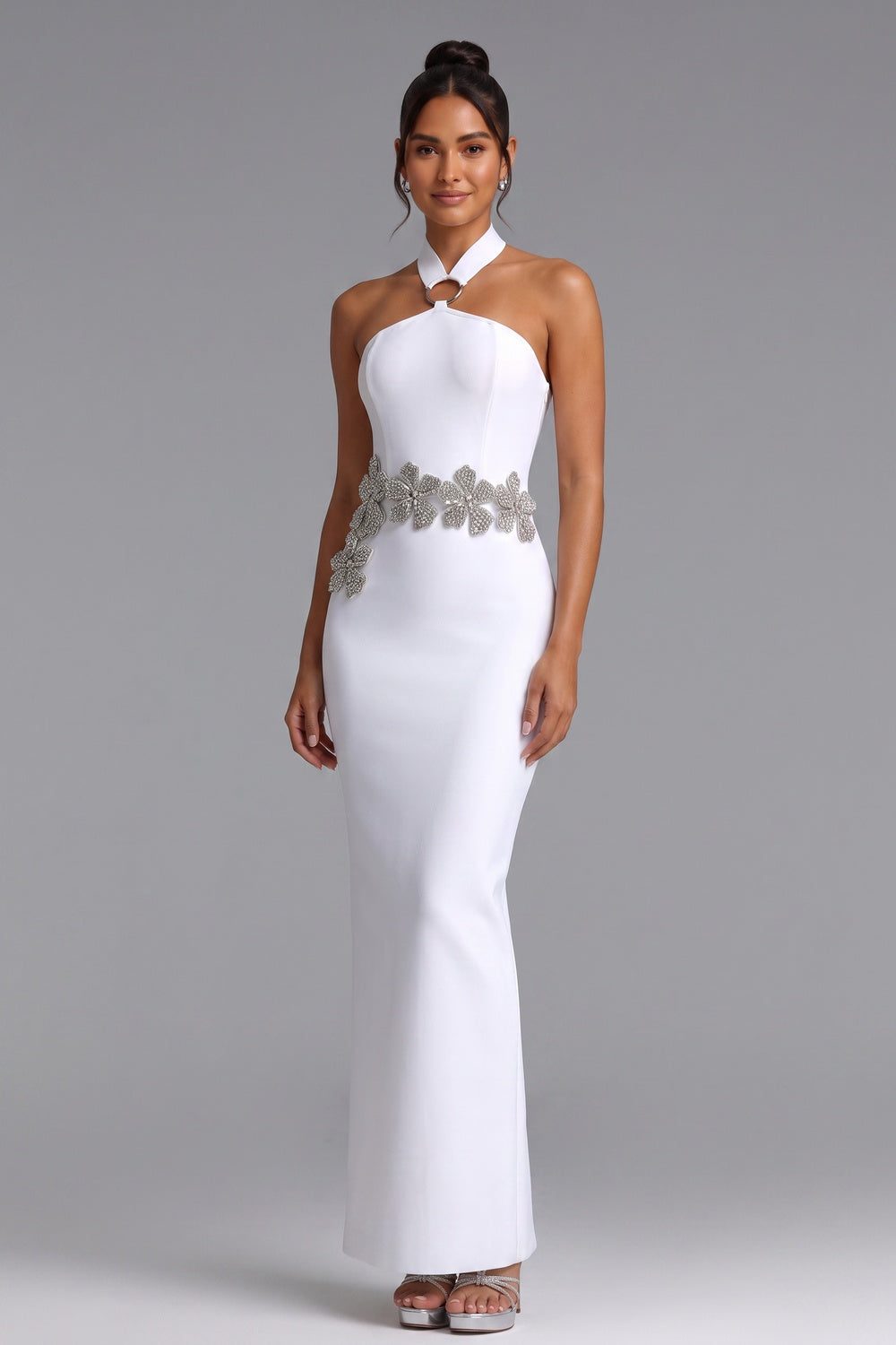 1c421aba7a9f6f3a SILVER FLORAL WHITE CREPE COLUMN GOWN - EVENING