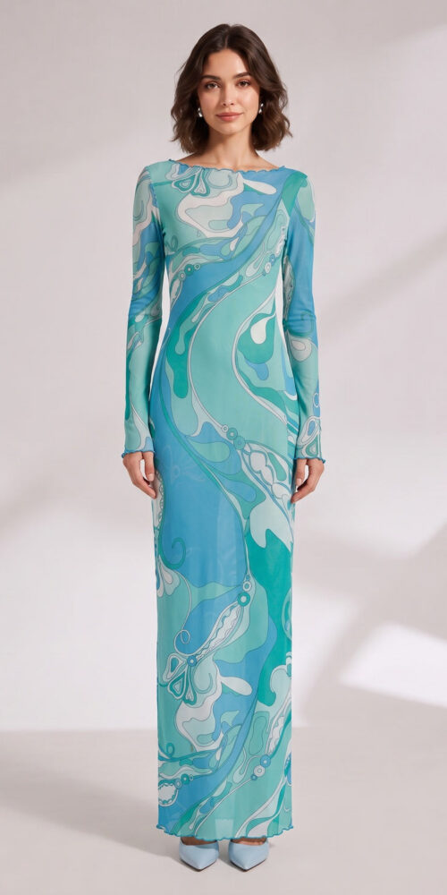 1c5f95b7845fbe87 ABSTRACT WAVE PRINT MAXI DRESS TEAL BLUE
