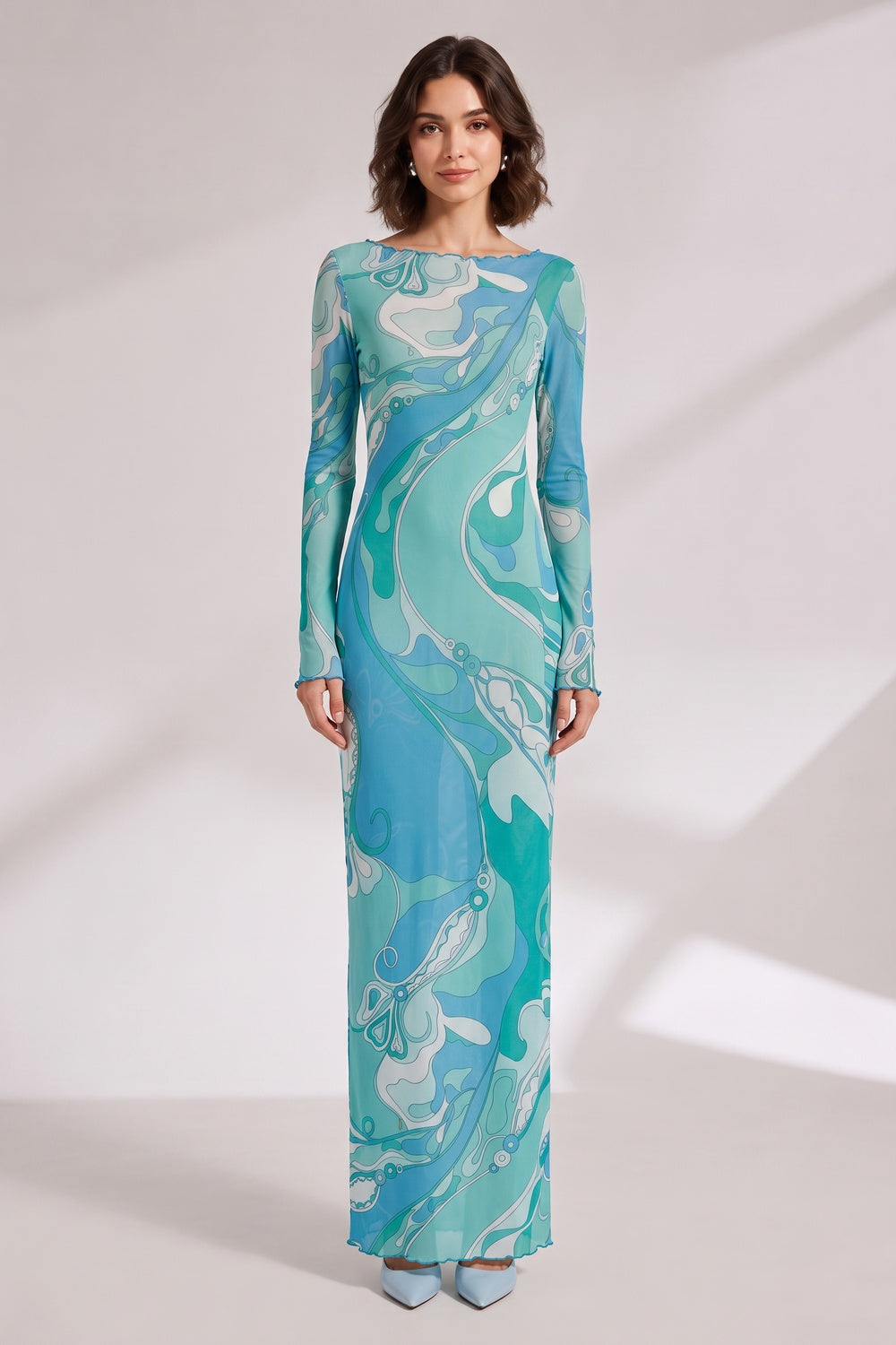 1c5f95b7845fbe87 ABSTRACT WAVE PRINT MAXI DRESS TEAL BLUE