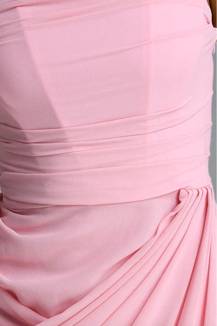 1c8bd4feea53be6a73b5e5c87570b312 PASTEL PINK ASYMMETRIC DRAPE COLUMN EVENING GOWN