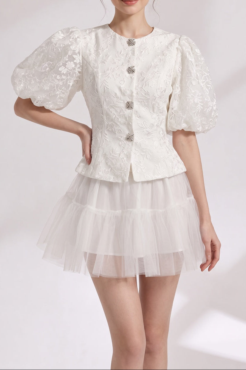 1c9f802517ce15cc LACE PUFF SLEEVE CROP JACKET & TIERED TULLE MINI SKIRT SET