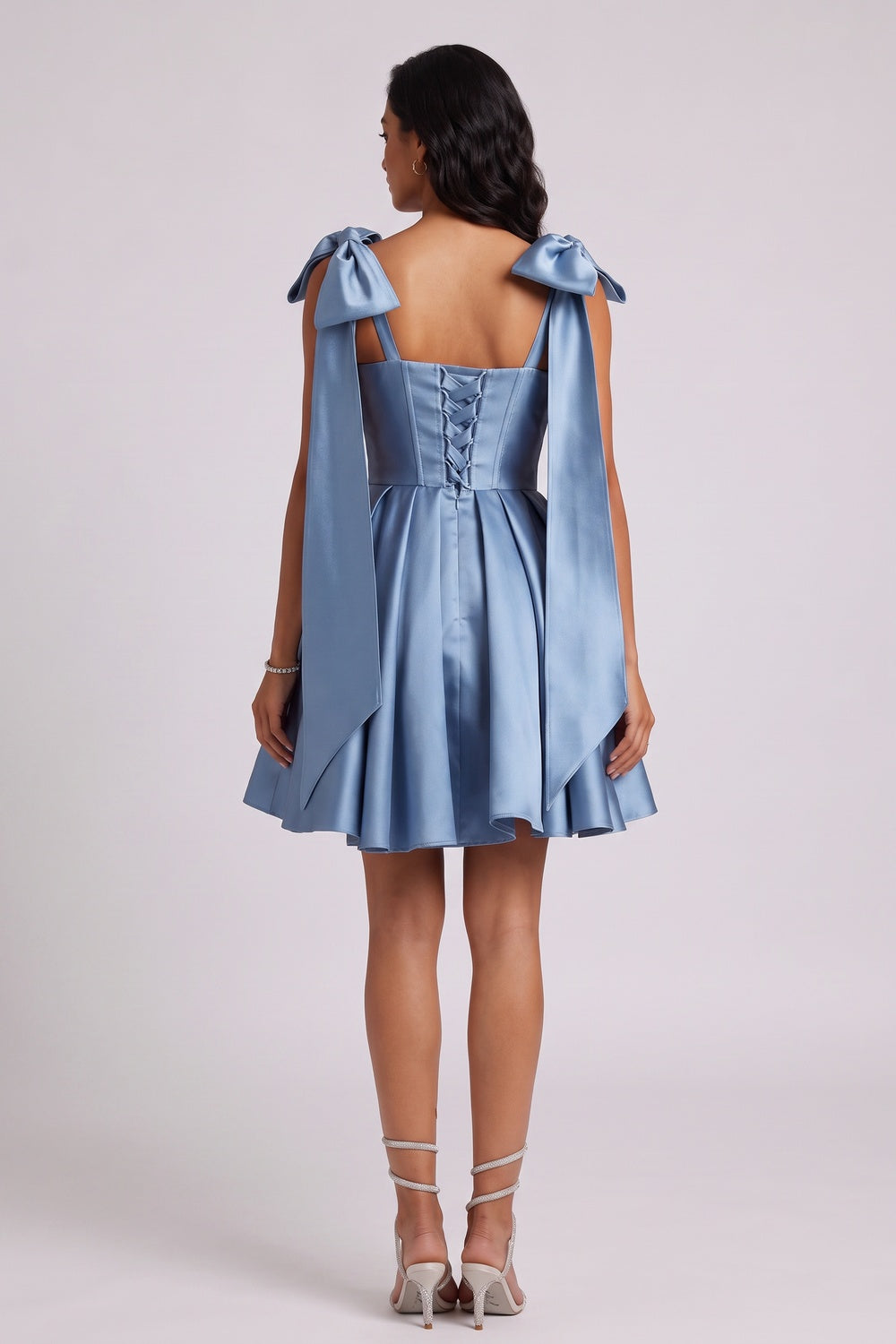 SQUARE NECK BOW STRAP SATIN MINI DRESS