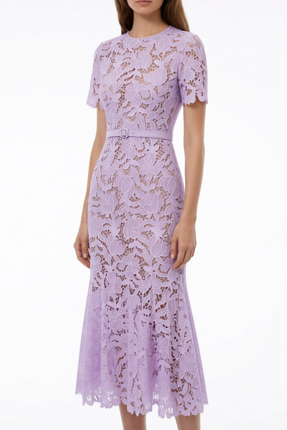 LILAC LACE MIDI DRESS | SHORT SLEEVE FLORAL WEDDING GUEST