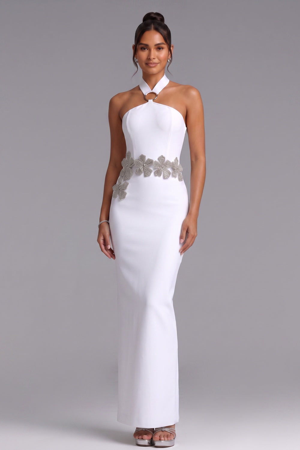 1d42fb9165b6ce84 SILVER FLORAL WHITE CREPE COLUMN GOWN - EVENING