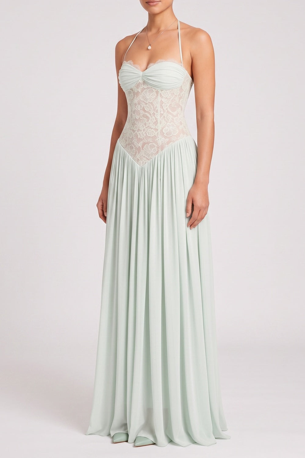1d6424bff4a2c77e HALTER TWIST BUST LACE CORSET CHIFFON MAXI DRESS