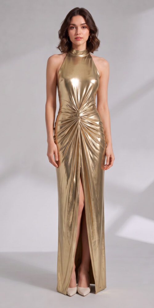 1da7f2387c2c1591 GOLD METALLIC HALTER MAXI DRESS FOR EVENTS